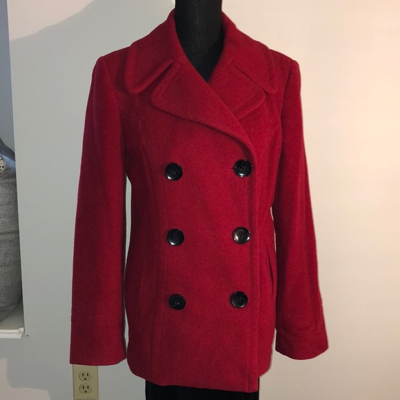 Style & Co. Red wool blend pea coat double breasted with black buttons - Picture 1 of 6